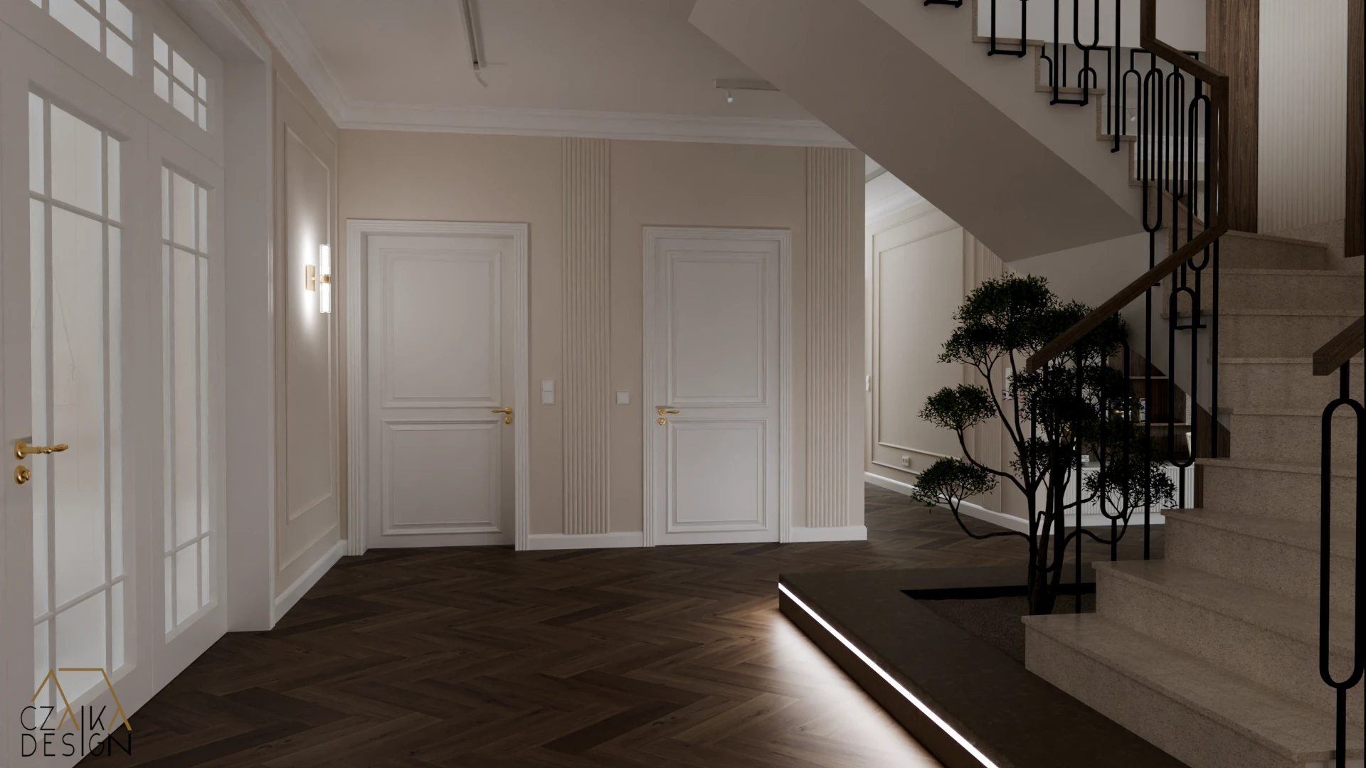 Ściany w odcieniu beżu z ryflowanymi listwami