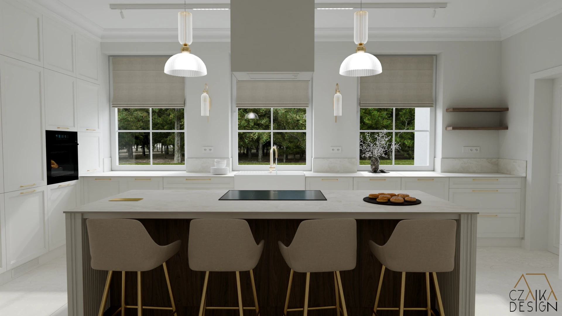 Biały okap wyspowy nad wyspą kuchenną