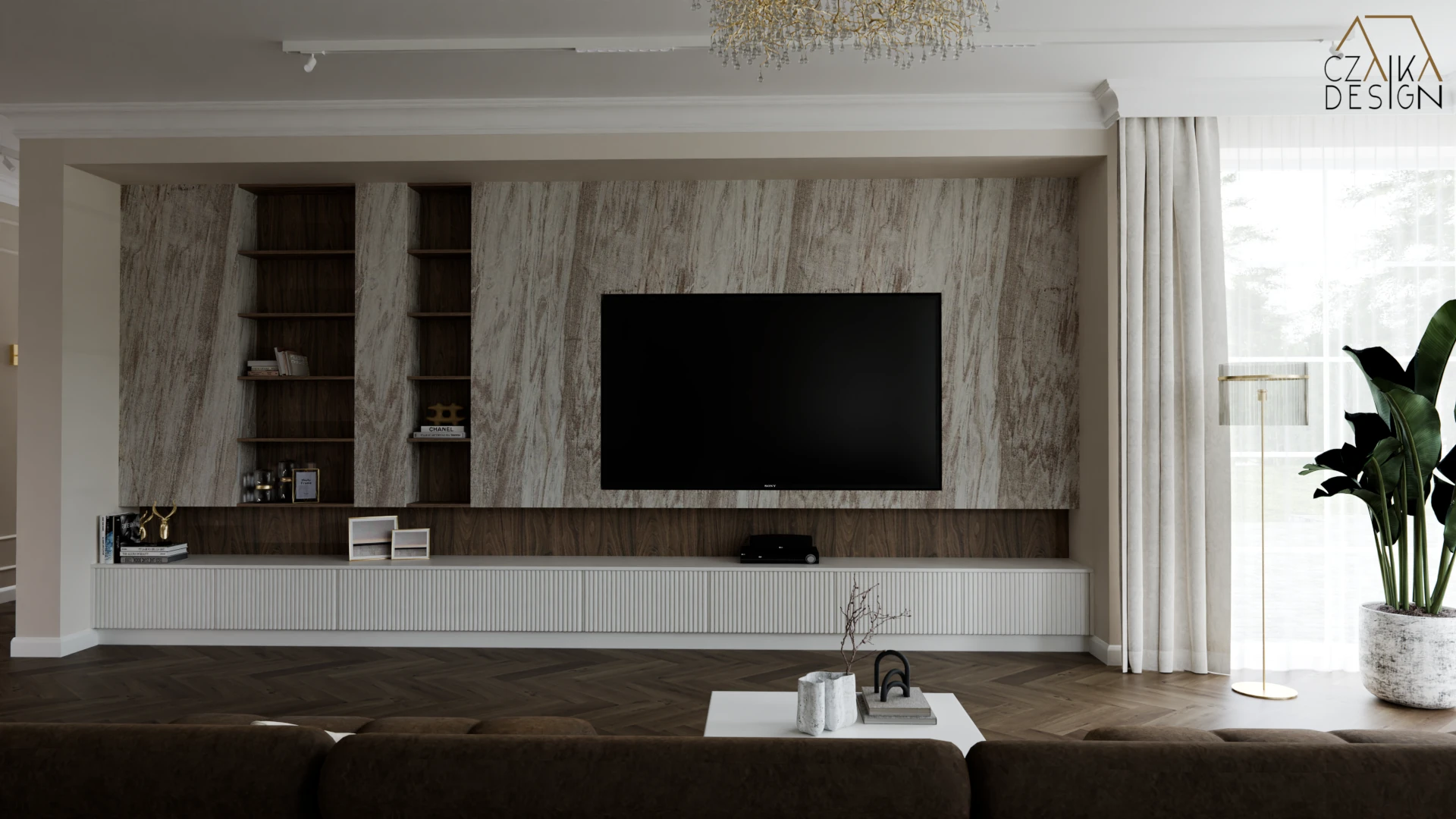 Ściana TV wykończona fornirem kamiennym