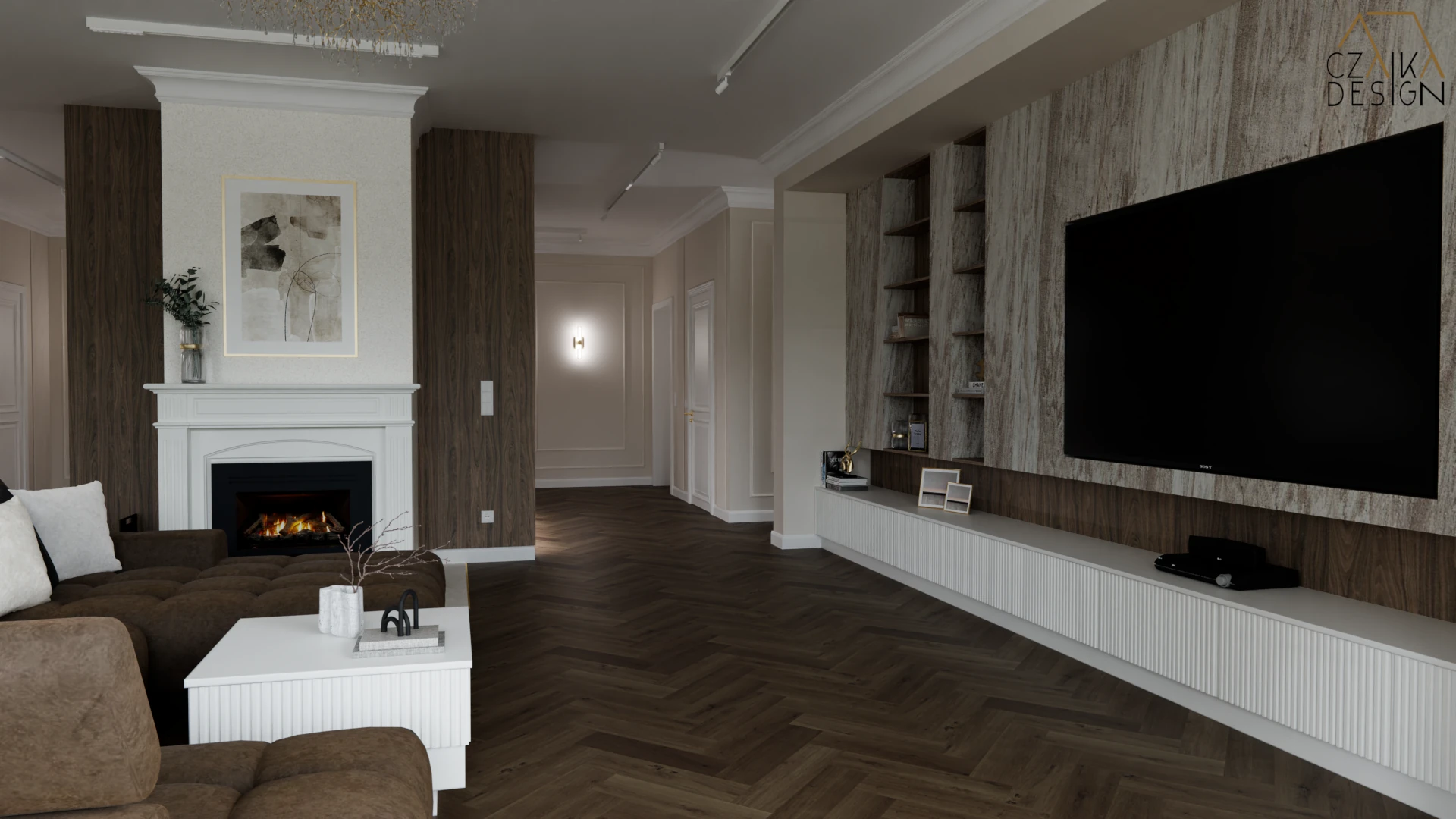 Zabudowa RTV o ryflowanych frontach w MDF w półmacie