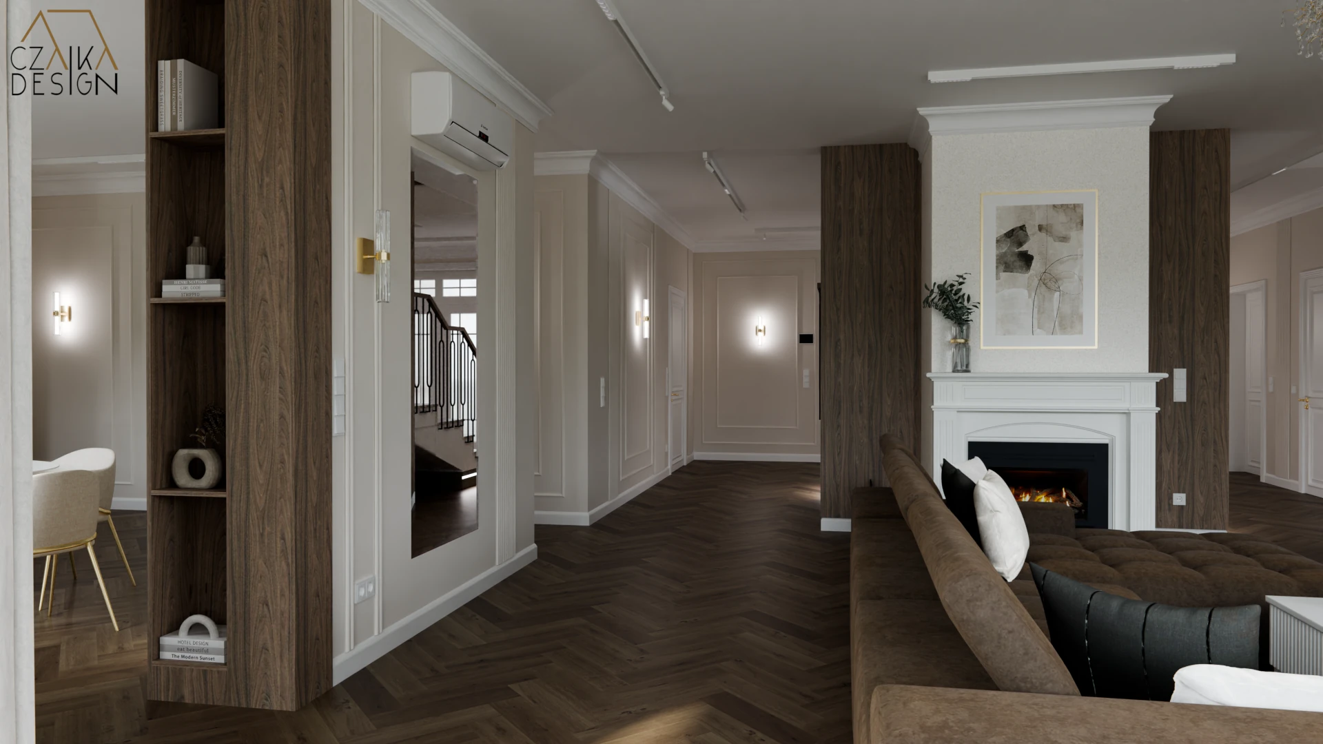 Duże jasno beżowe ściany ozdobione dekoracyjnymi listwami