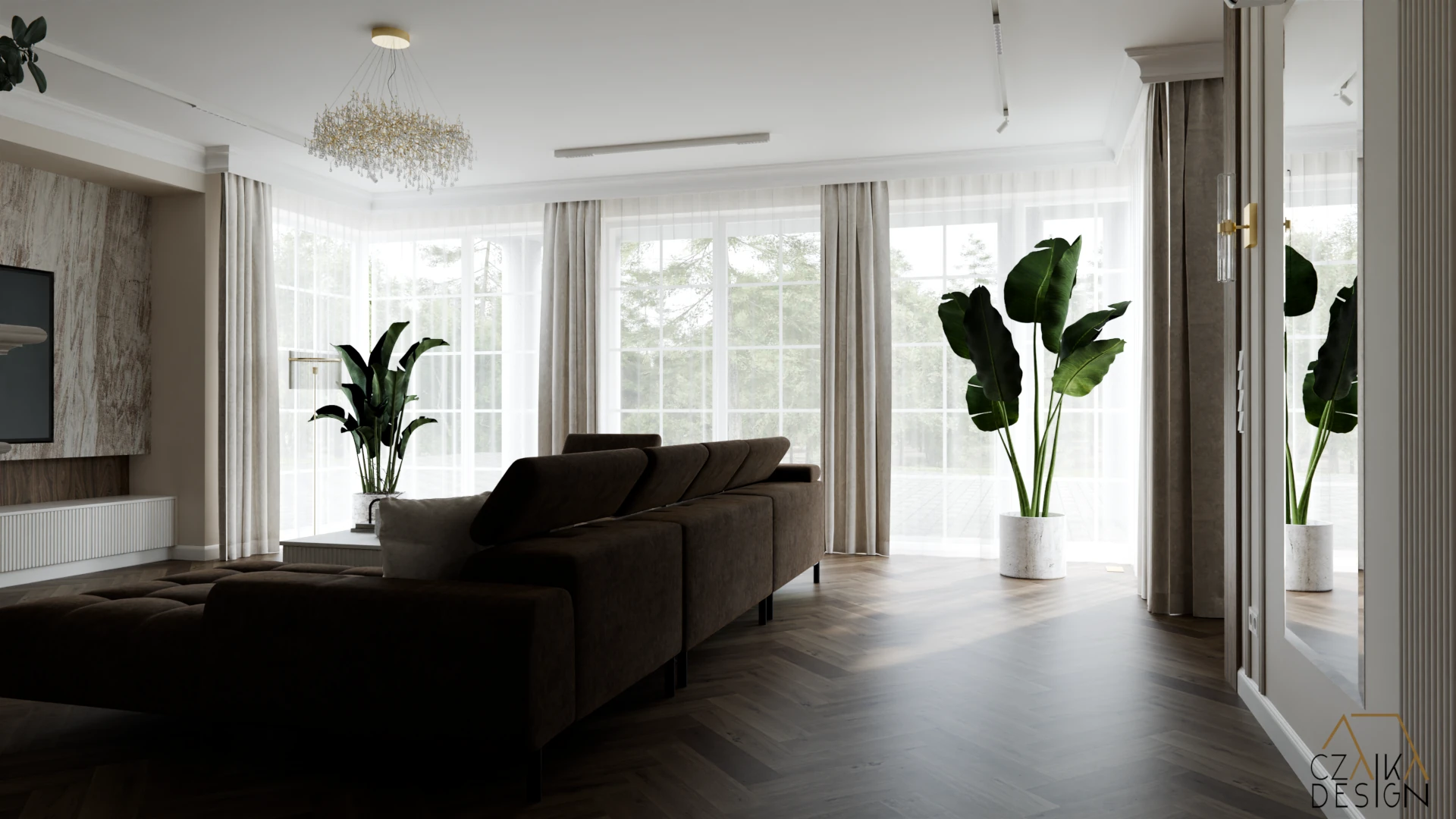 Otwarta przestrzeń z strefą wypoczynkową i jadalnią