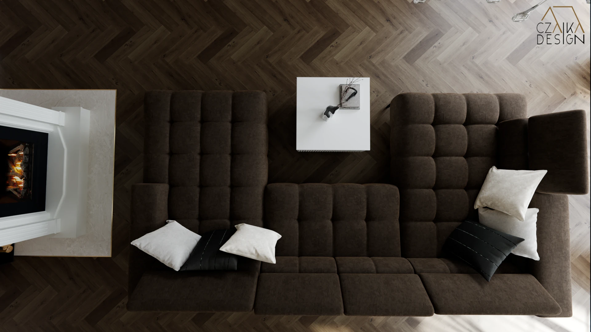 Podłogę zdobi klasyczna jodełka w odcieniu orzecha