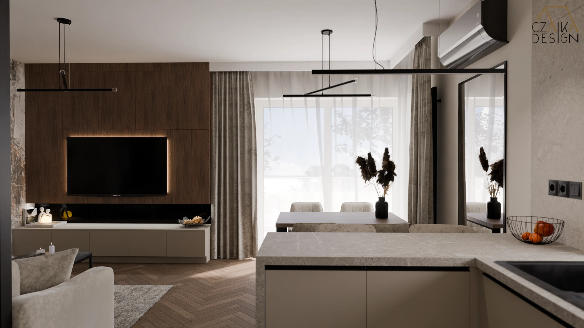 Wizualizacja kuchni z salonem