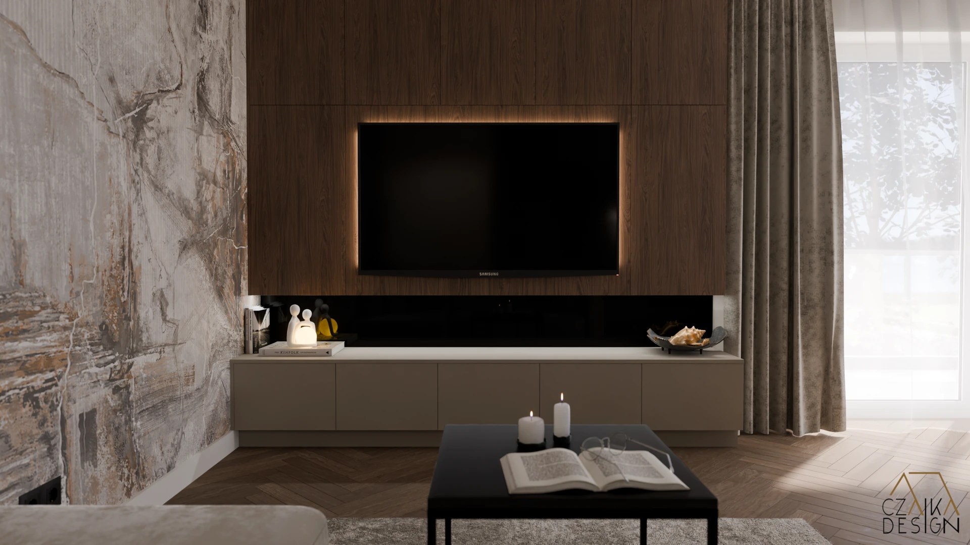 Zabudowa TV wykonana z płyty marki Egger