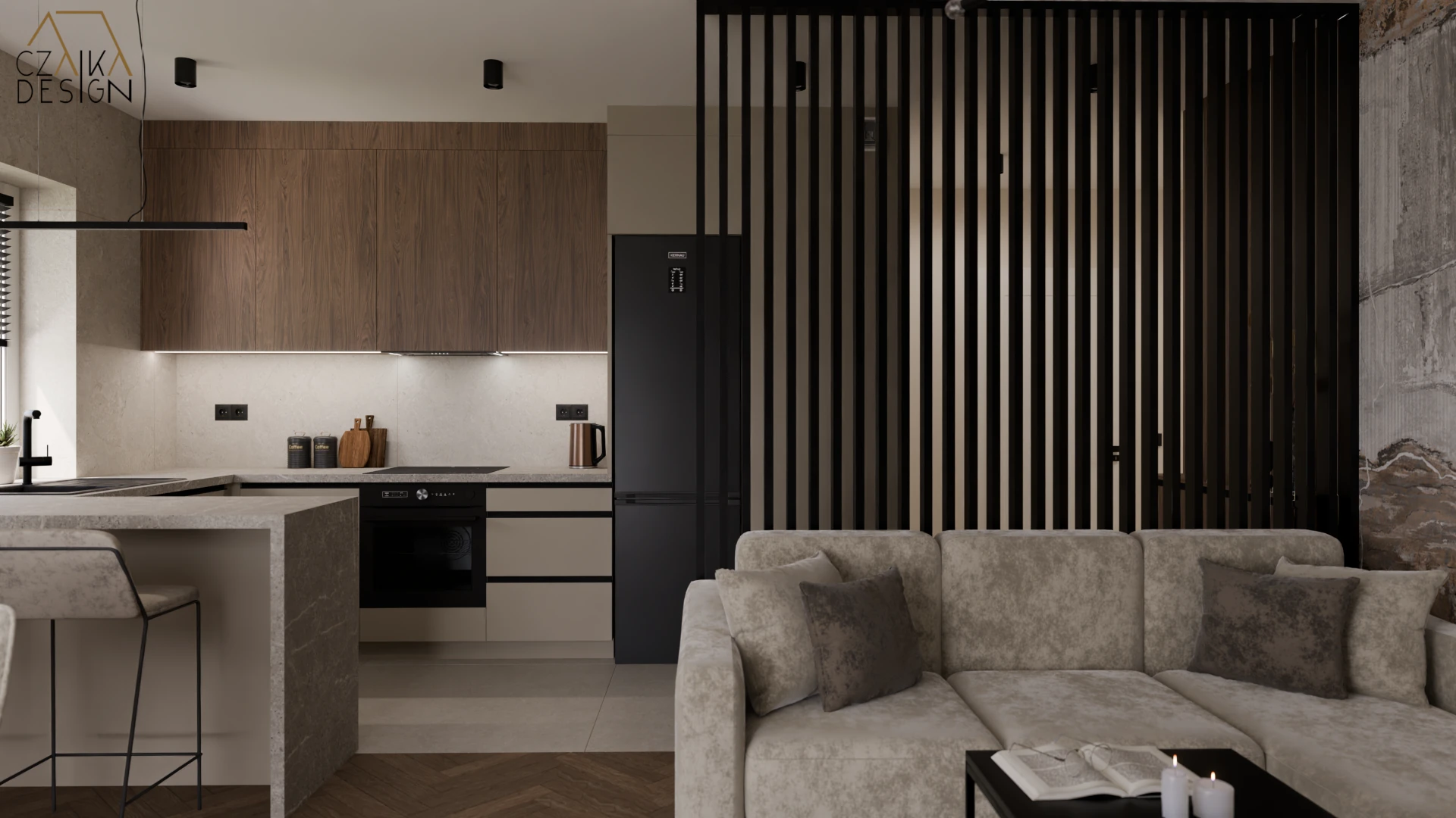 Ażurowa ścianka z czarnych lameli