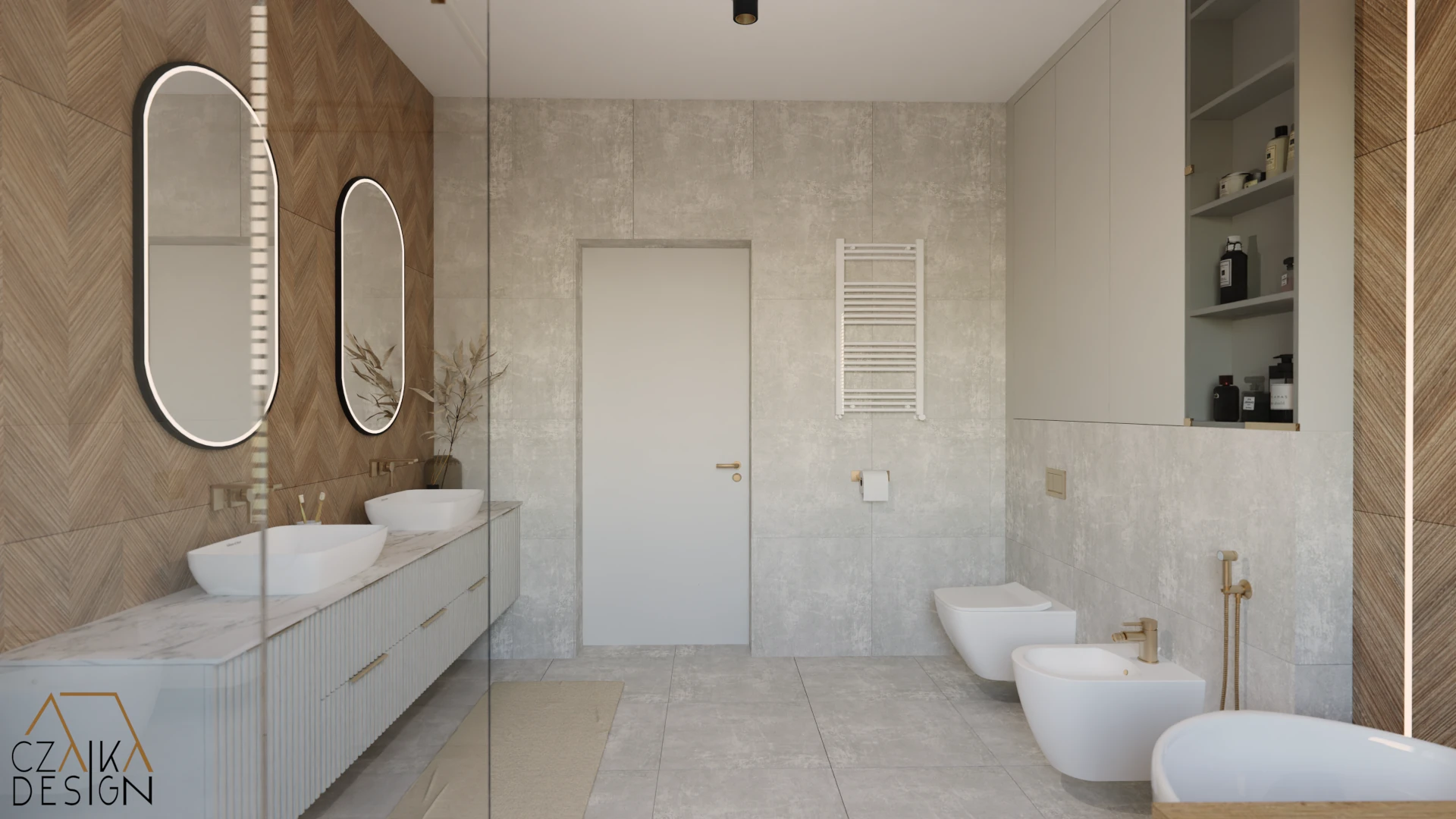 Łazienka kompozycji beżowego gresu i płytek drewnopodobnych