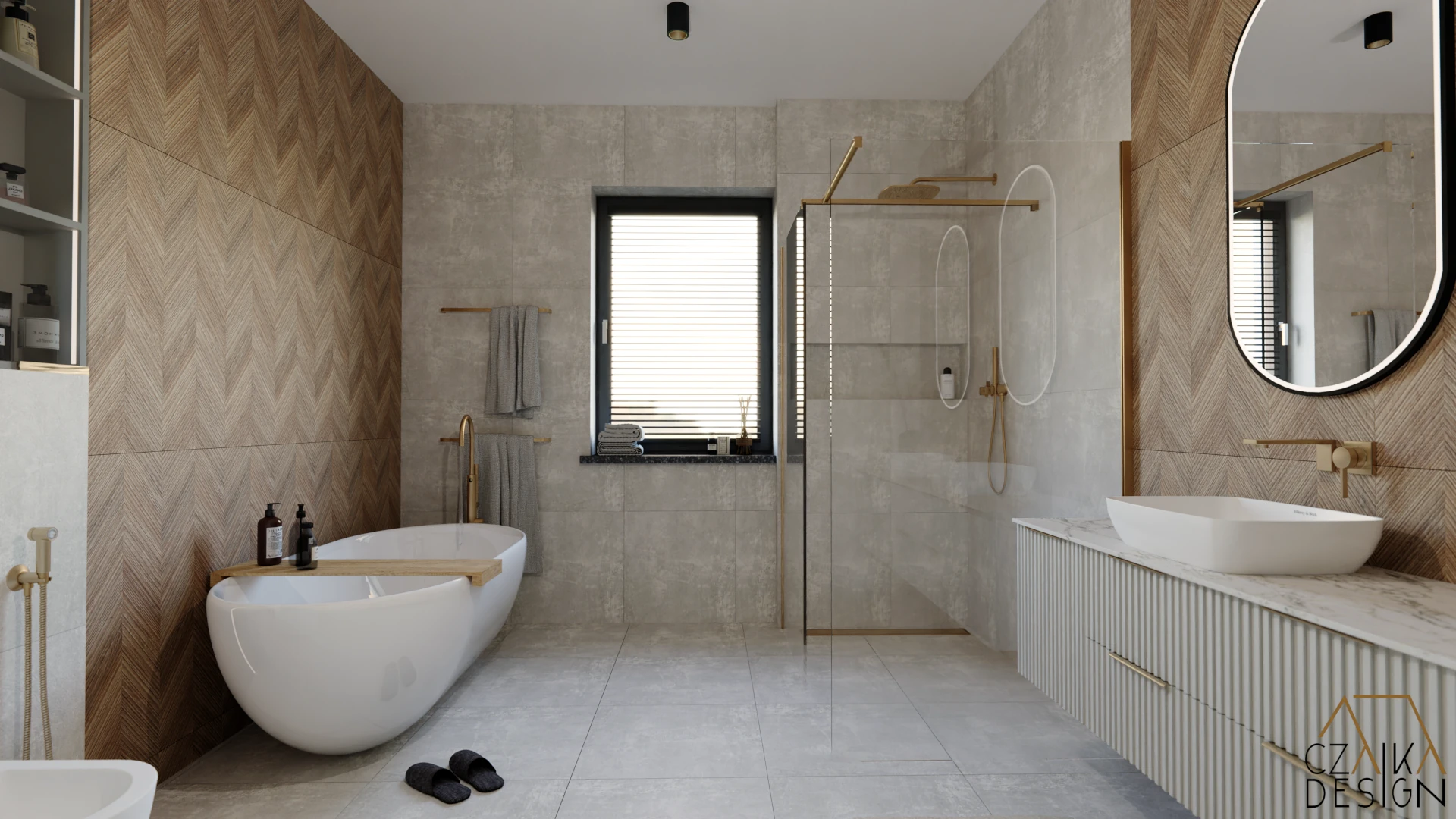 Obszerny prysznic z odpływem liniowym