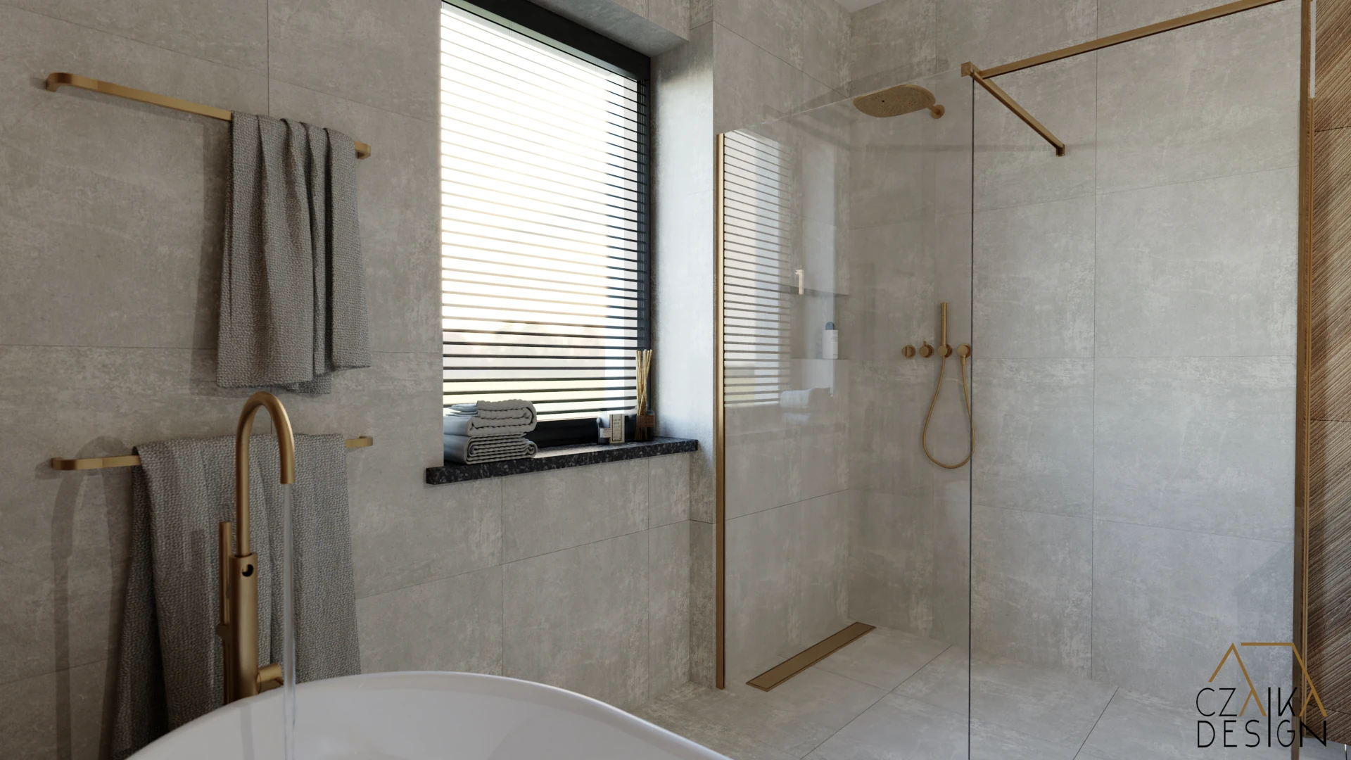 Łazienka kompozycji beżowego gresu i płytek drewnopodobnych