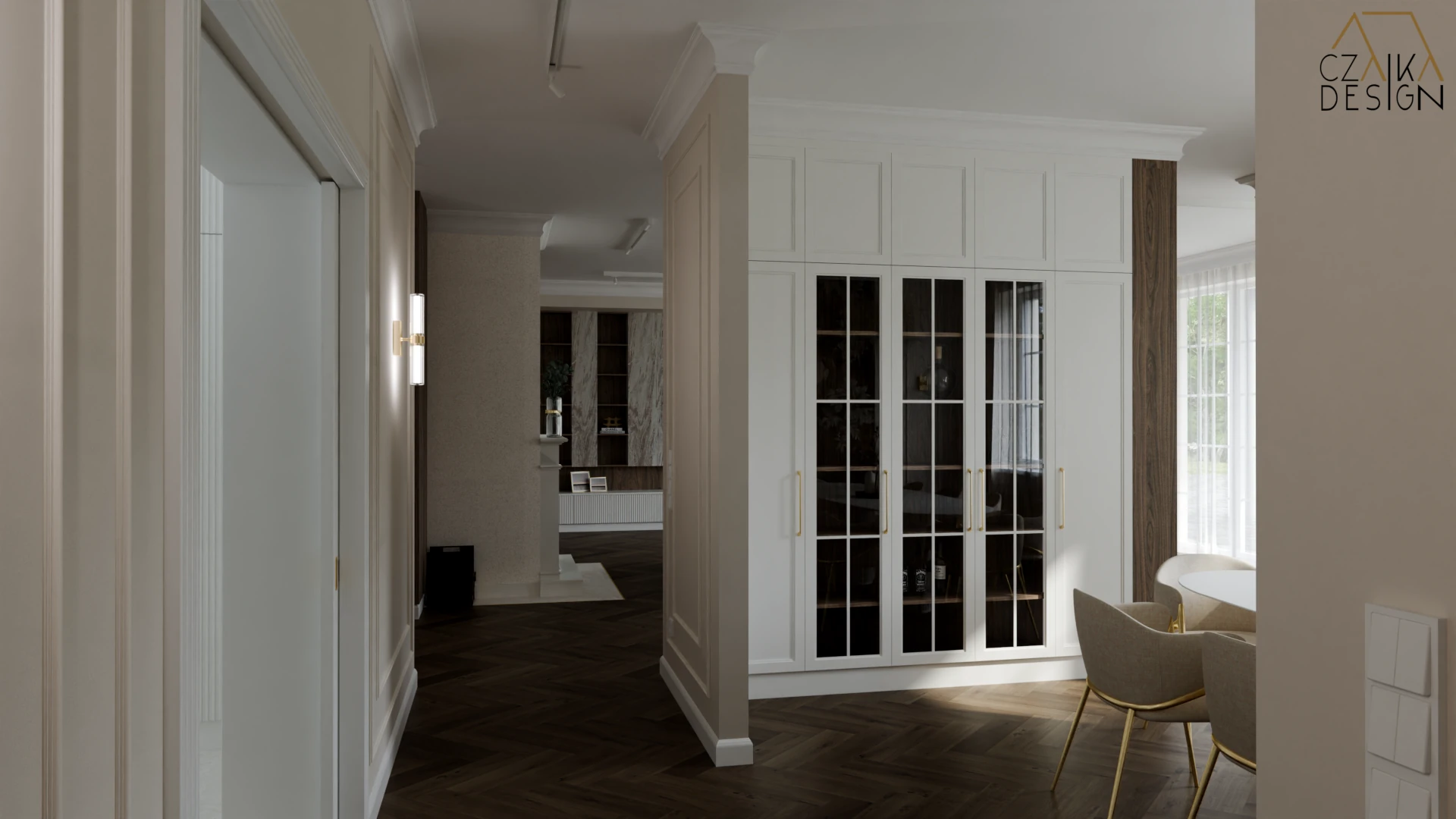 Podłogę zdobi klasyczna jodełka winylowa w kolorze orzecha