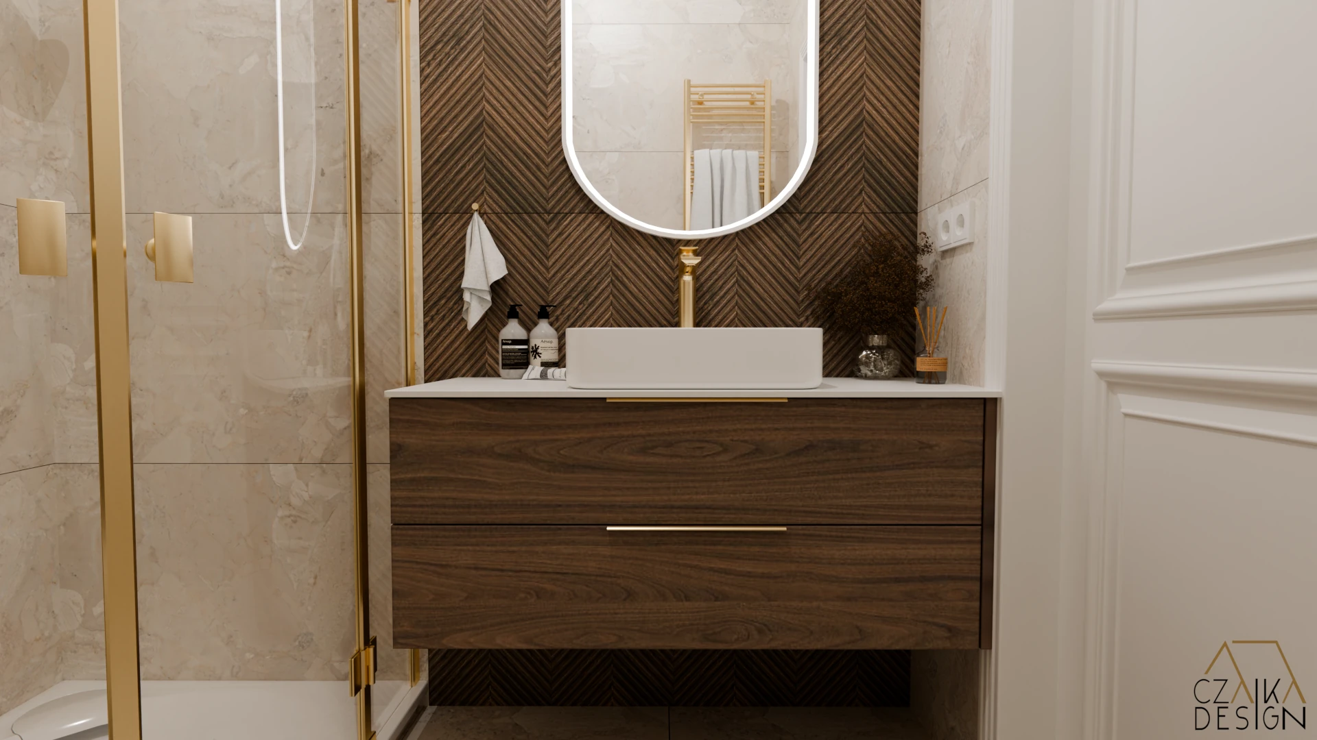 Zabudowa meblowa wykonana z laminatu Egger Orzech Carini