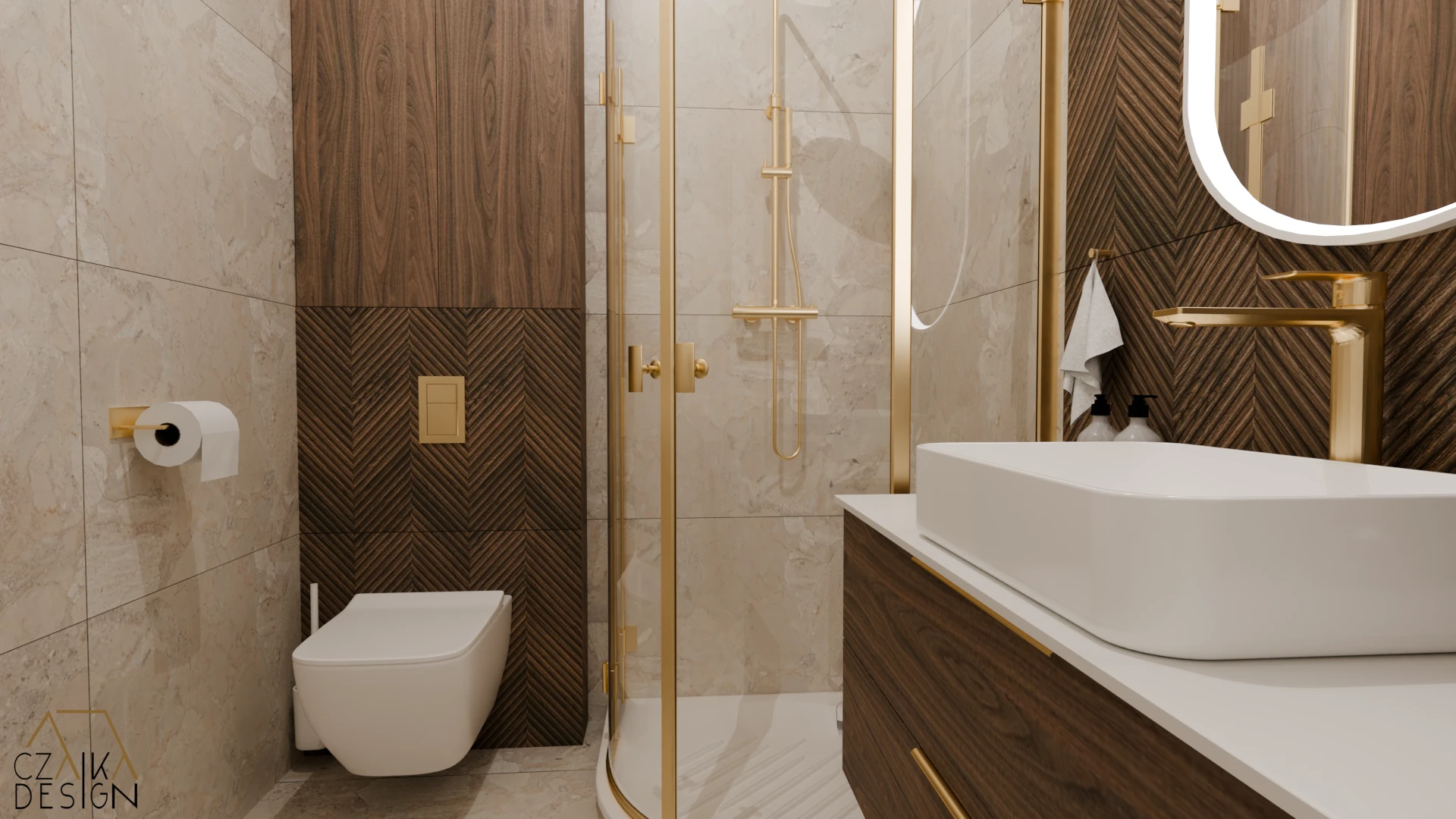 Narożny prysznic z płytkim brodzikiem