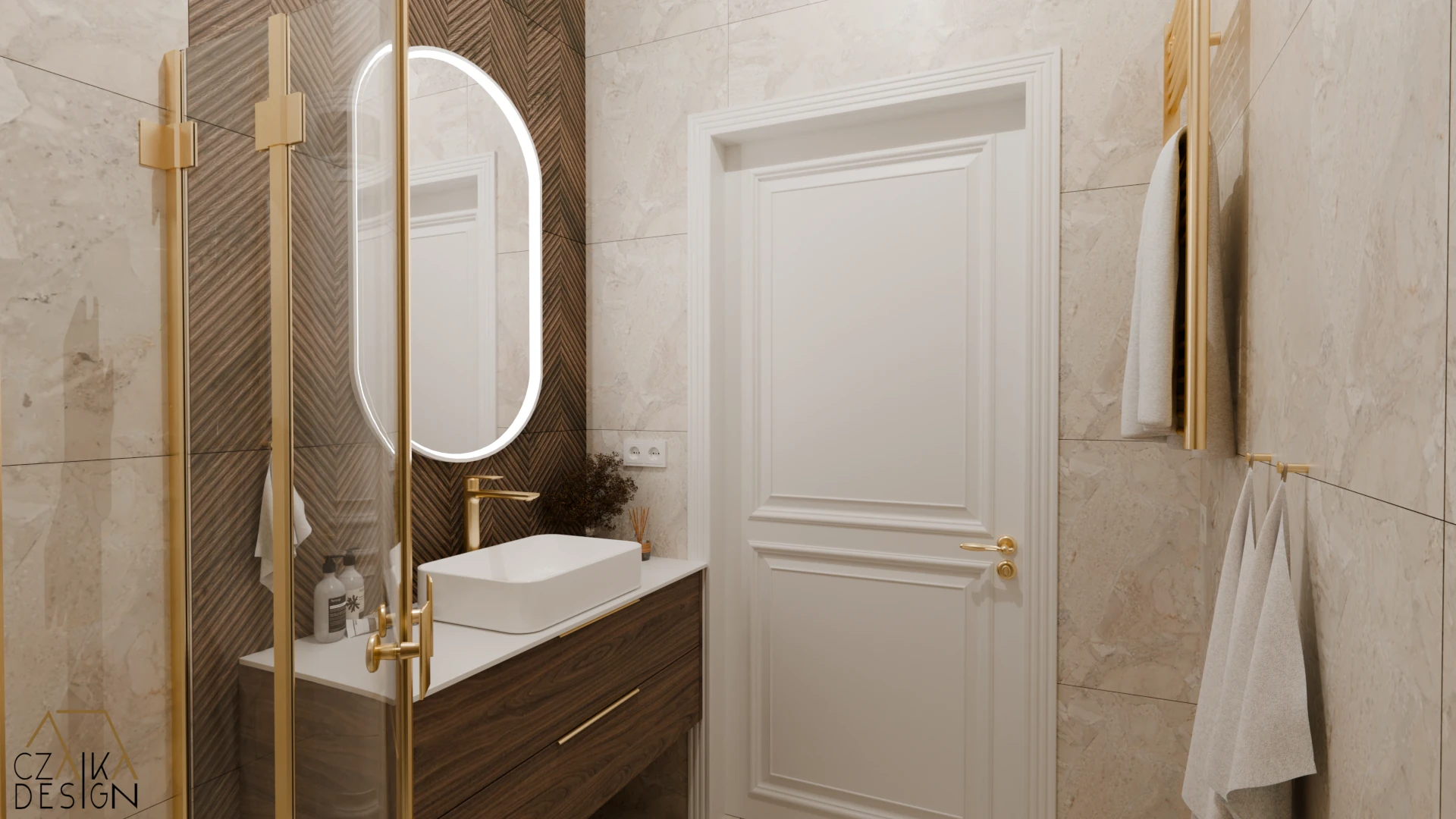 Łazienka w tonacji ciepłego, ciemnego orzecha