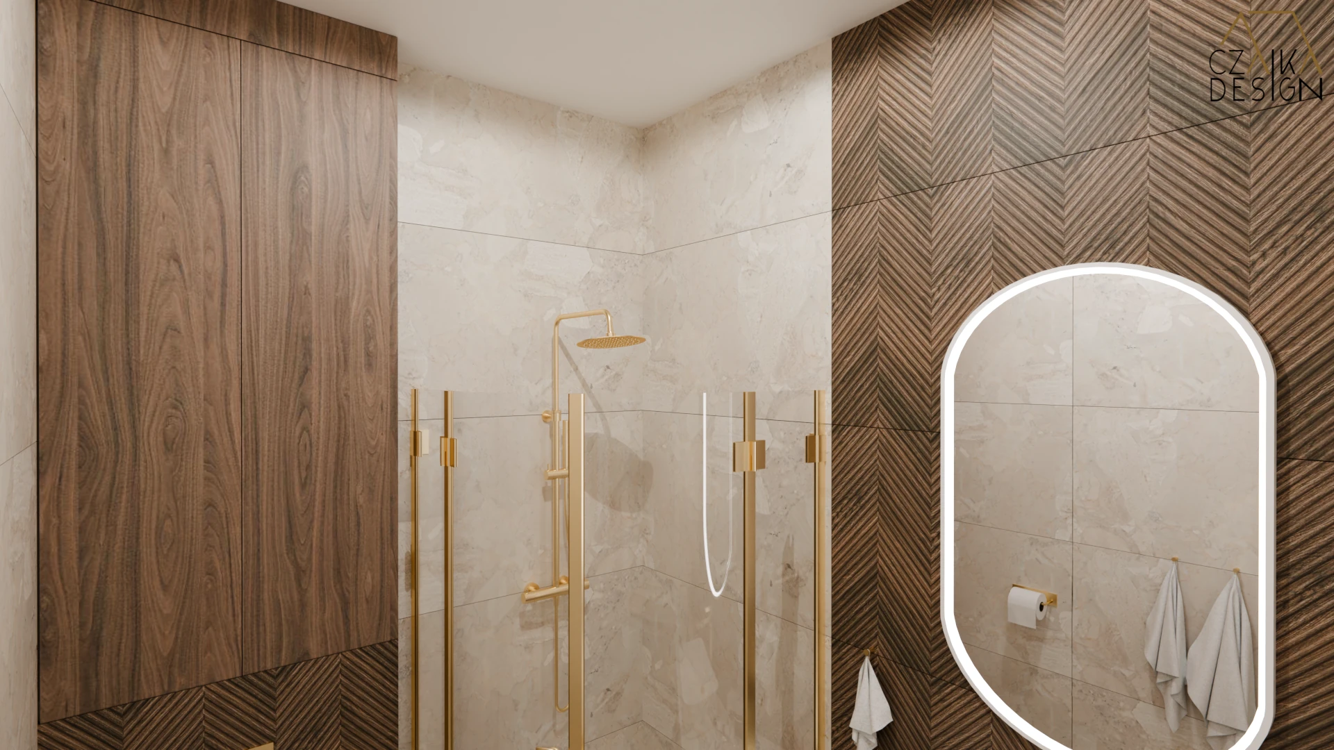 Narożny prysznic z złotymi akcentami