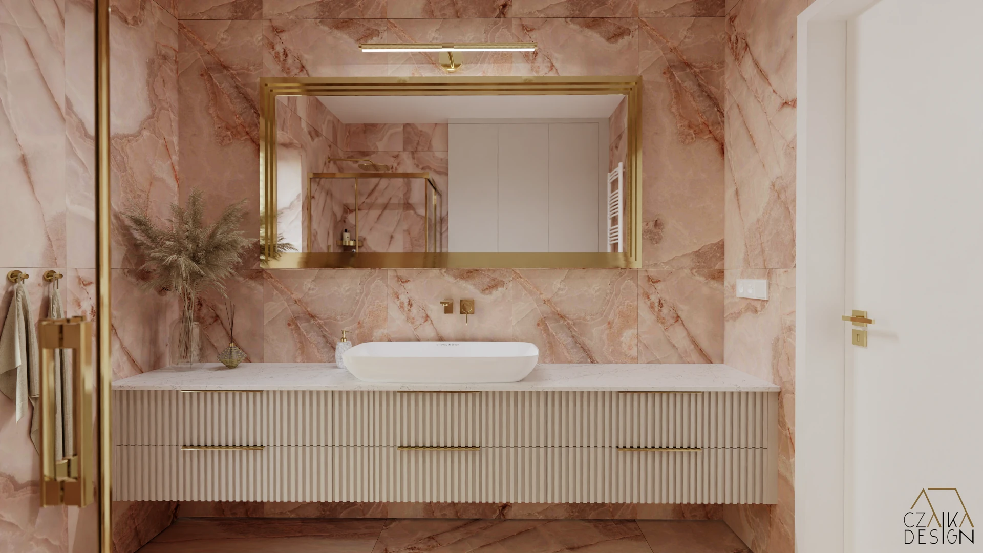 Łazienka z różowym onyksowym akcentem