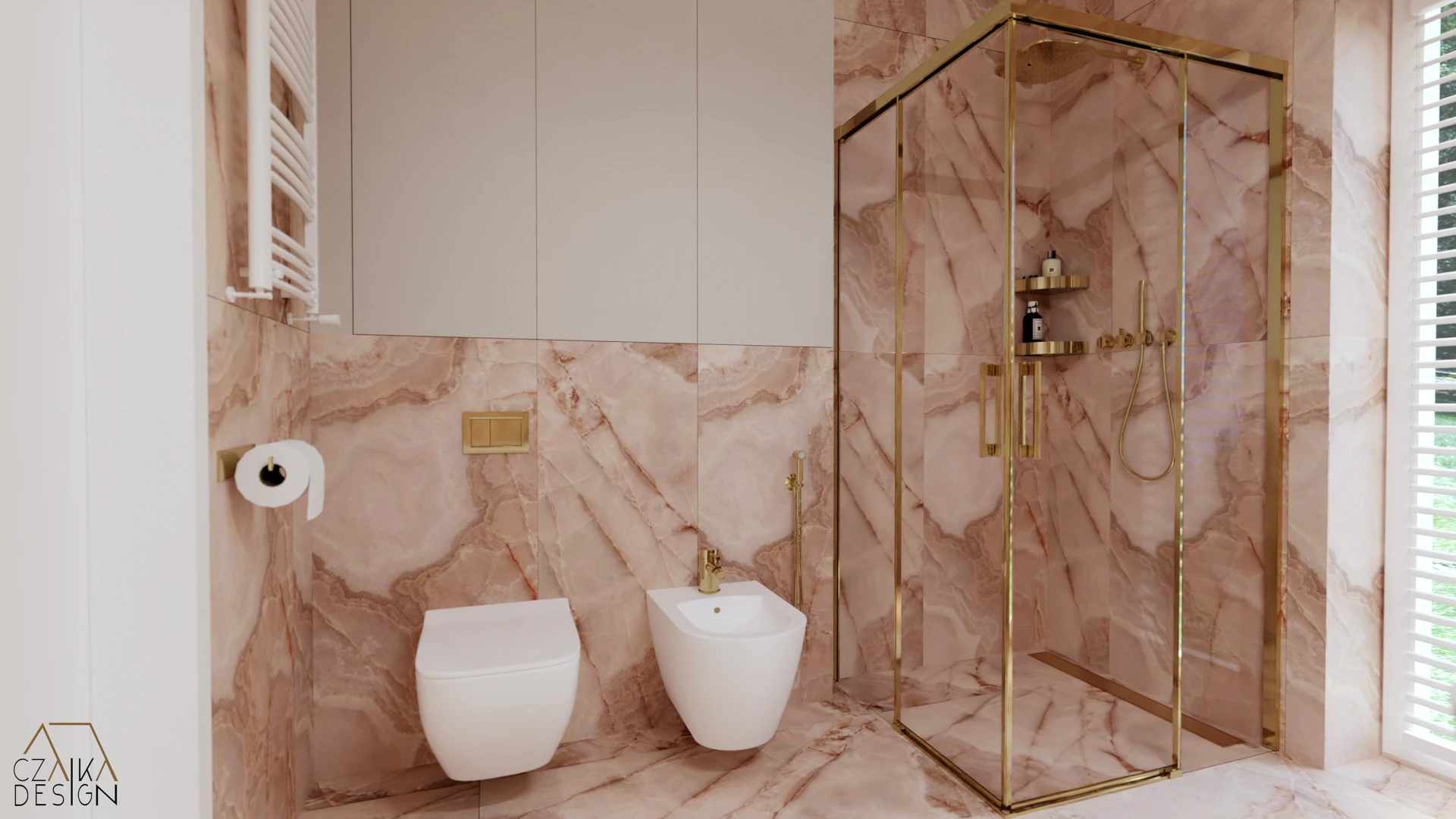 Złote dodatki – baterie łazienkowe, detale kabiny prysznicowej oraz dekoracyjne oświetlenie