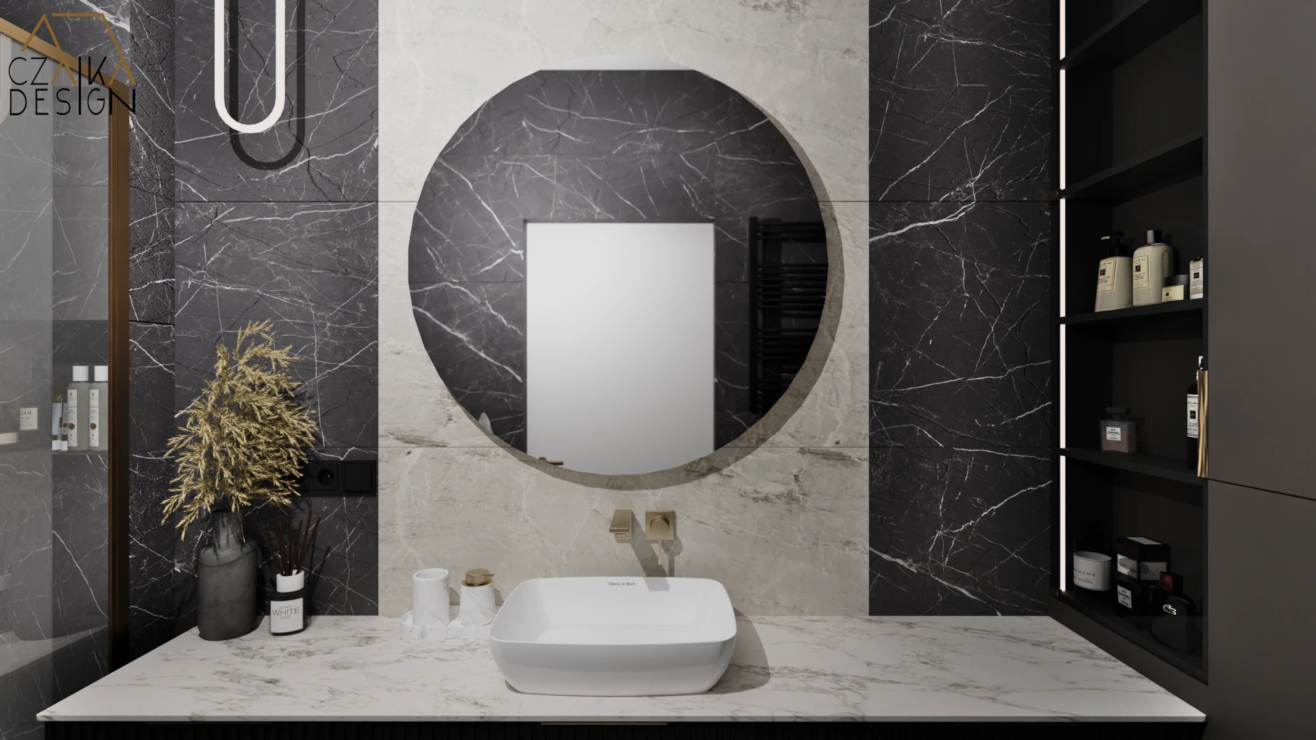 Łazienka z złotą armaturą