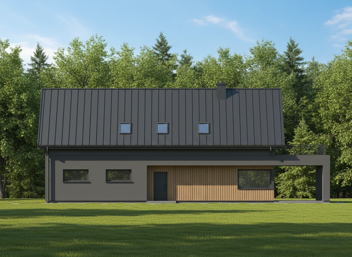 Nowoczesna stodoła, dom jednorodzinny Nowy Cydzyn. Elewacja północno-wschodnia