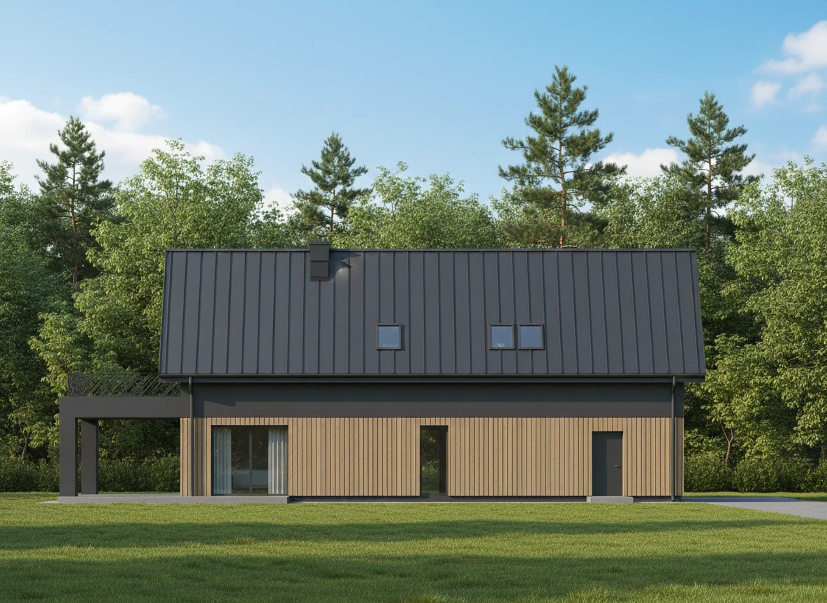 Nowoczesna stodoła, dom jednorodzinny Nowy Cydzyn. Elewacja południowo-zachodnia