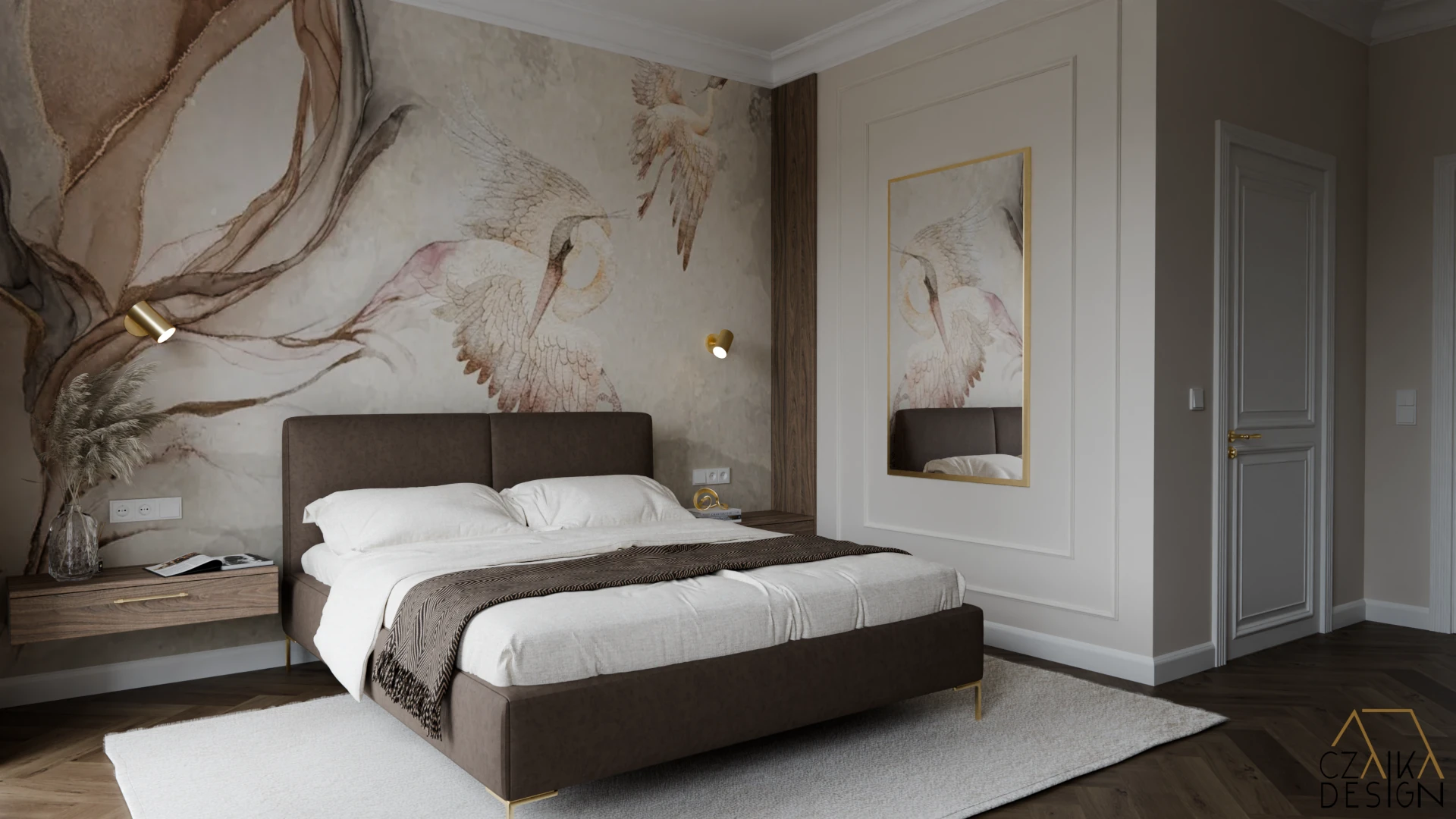 Ciemne, tapicerowane łóżko w odcieniu głębokiego brązu