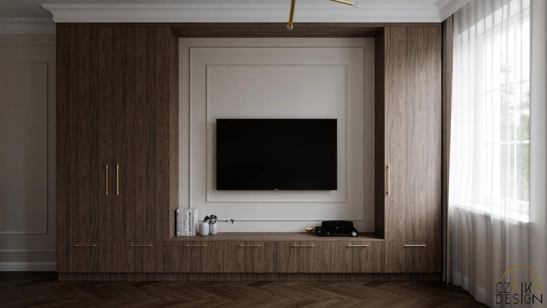 Zabudowa meblowa wykonana z laminatu Egger Orzech Carini