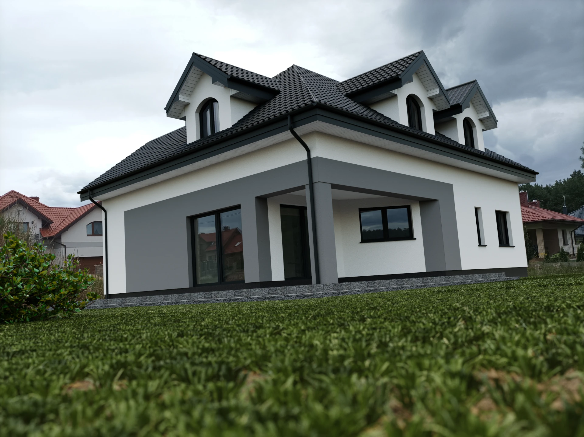 Kolorystyka elewacji w bieli z odcieniami szarości