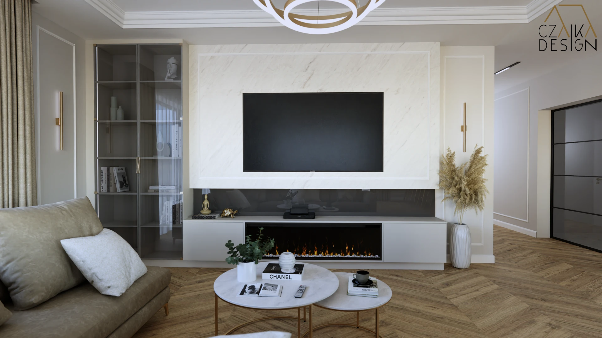 Ściana TV z wkomponowanym kominkiem elektrycznym