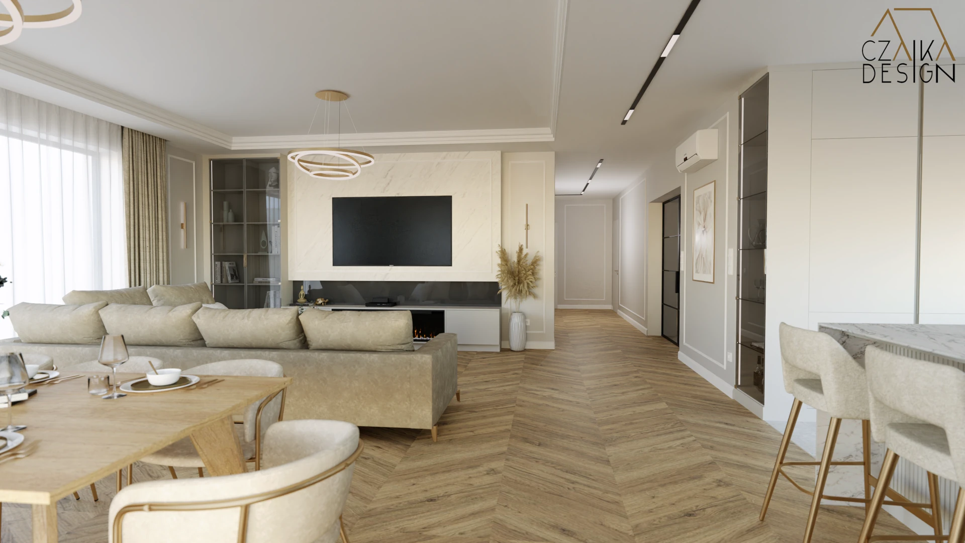 Ściana TV z witrynką umieszczoną w narożu