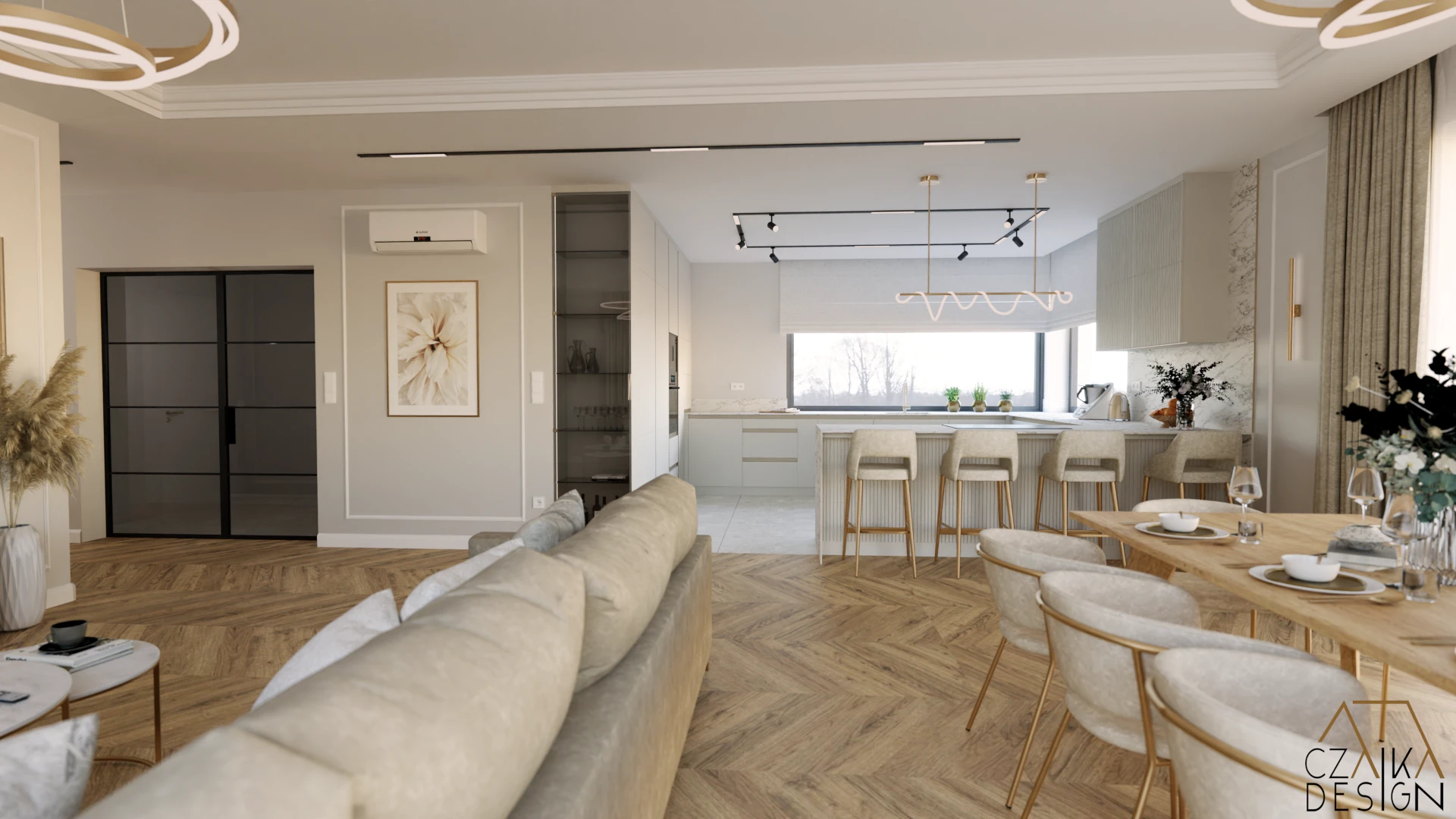 Podłogę wykończono winylową jodełką francuską