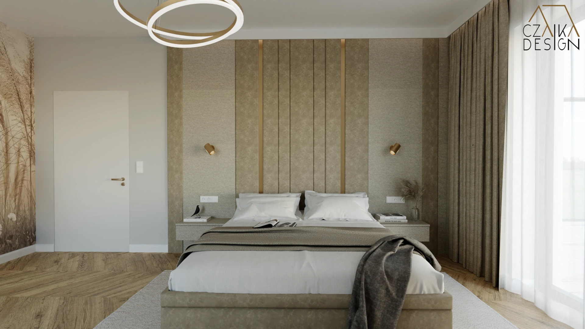 Łóżko wyposażone w wysoki zagłówek sięgający aż do sufitu