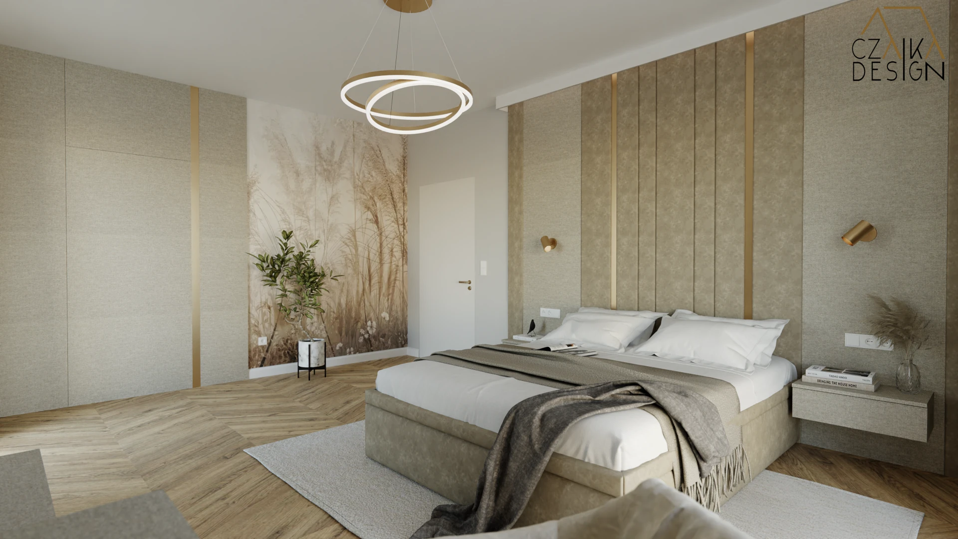 Sypialnia z delikatnymi złotymi akcentami