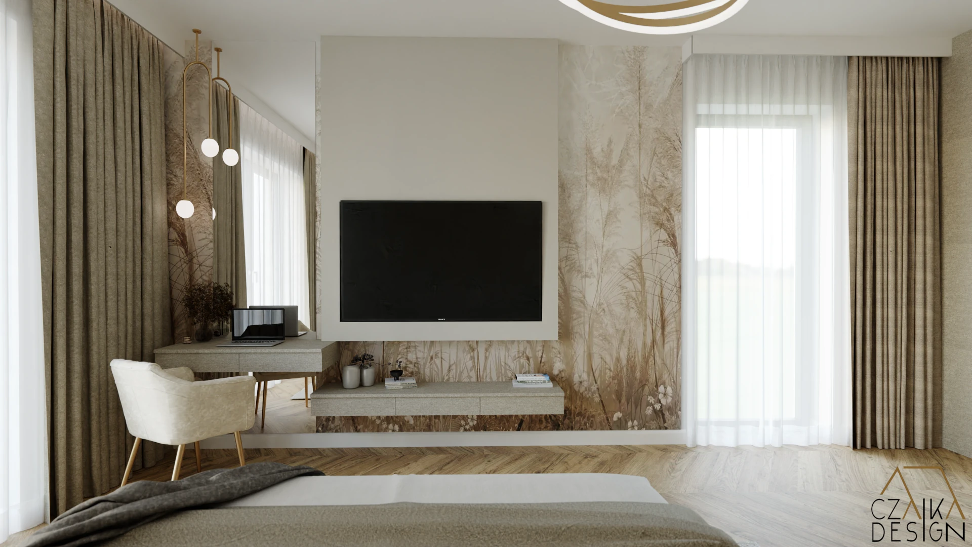 W narożu stylowa toaletka z dużym lustrem